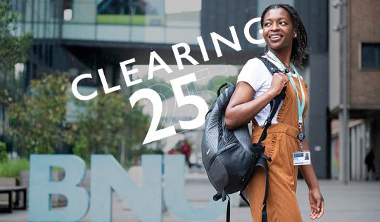Text says Clearing 25, image shows a female student with a backpack standing outside the BNU buildings