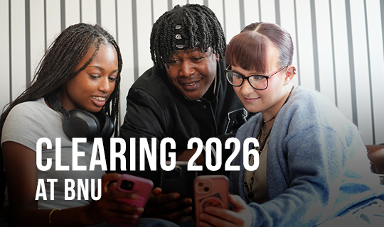 Text says Clearing 26, image shows three students sitting and chatting together